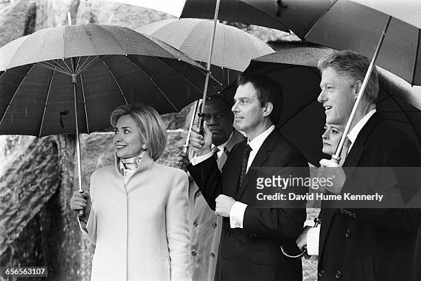President Bill Clinton, First Lady Hillary Clinton and British Prime Minister Tony Blairat the FDR memorial on February 6, 1998.