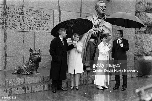 President Bill Clinton, First Lady Hillary Clinton, Cherie Blair and British Prime Minister Tony Blair at the FDR memorial on February 6, 1998.