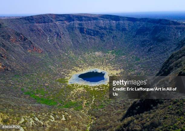 An aerial view of the volcano crater where Borana tribe men dive to collect salt, Oromia, El Sod, Ethiopia on March 4, 2017 in El Sod, Ethiopia.