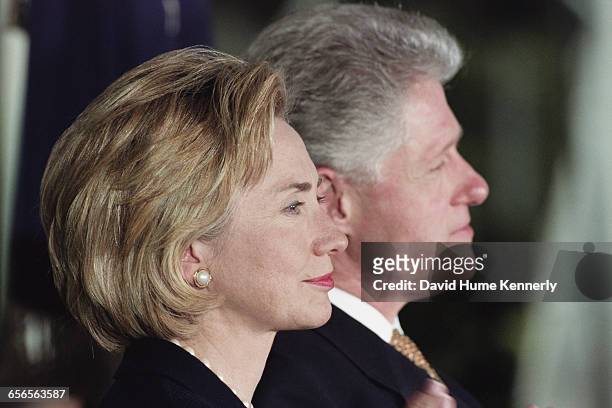 President Bill Clinton and First Lady Hillary Clinton at the presentation of the Paul O'Dwyer Award on the South Lawn at the White House on September...