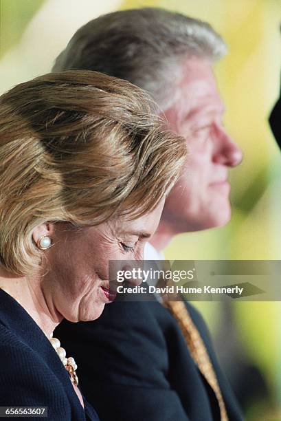 President Bill Clinton and First Lady Hillary Clinton at the presentation of the Paul O'Dwyer Award on the South Lawn at the White House on September...