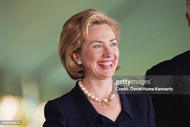 First Lady Hillary Clinton at the presentation of the Paul O'Dwyer Award on the South Lawn at the White House on September 11, 1998.