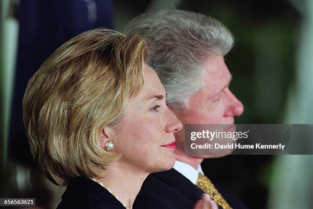 President Bill Clinton and First Lady Hillary Clinton at the presentation of the Paul O'Dwyer Award on the South Lawn at the White House on September...