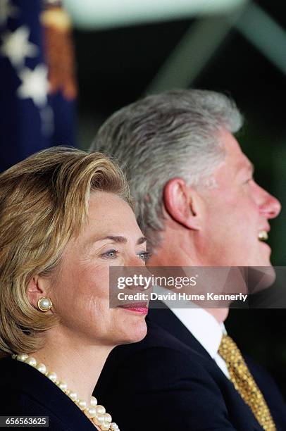 President Bill Clinton and First Lady Hillary Clinton at the presentation of the Paul O'Dwyer Award on the South Lawn at the White House on September...