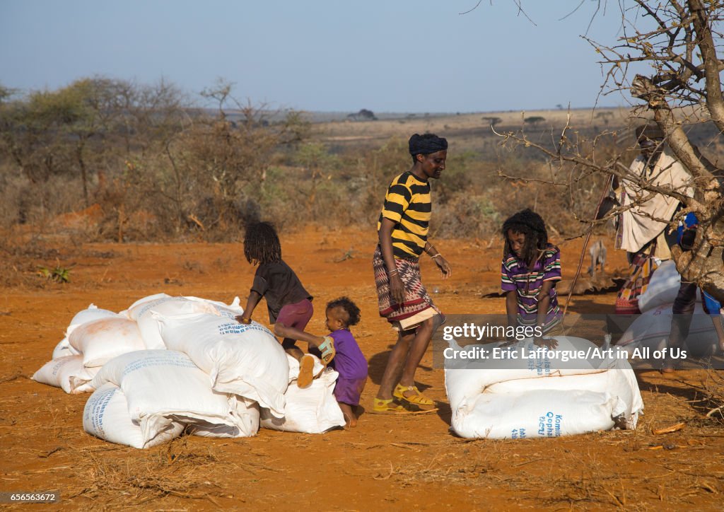 Food aid bags given to Borana people during the drought, Oromia, Yabelo, Ethiopia...