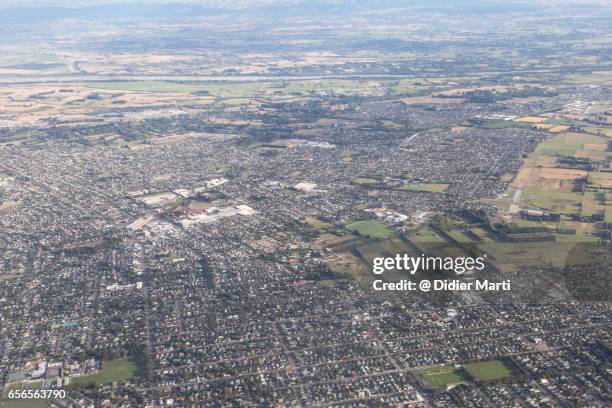 aerial view of christchurch city in new zealand - housing new zealand stock-fotos und bilder