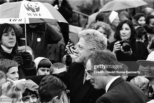 President Bill Clinton greets the crowd with British Prime Minister Tony Blair at the FDR memorial on February 6, 1998.