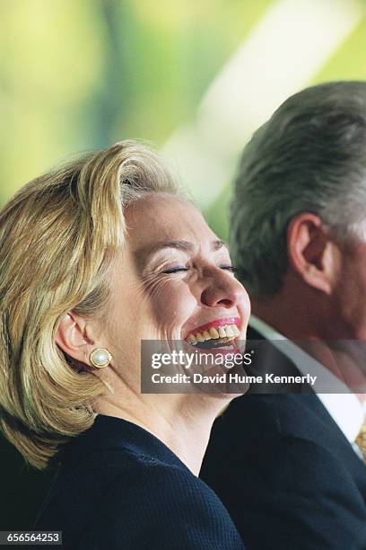 President Bill Clinton and First Lady Hillary Clinton at the presentation of the Paul O'Dwyer Award on the South Lawn at the White House on September...