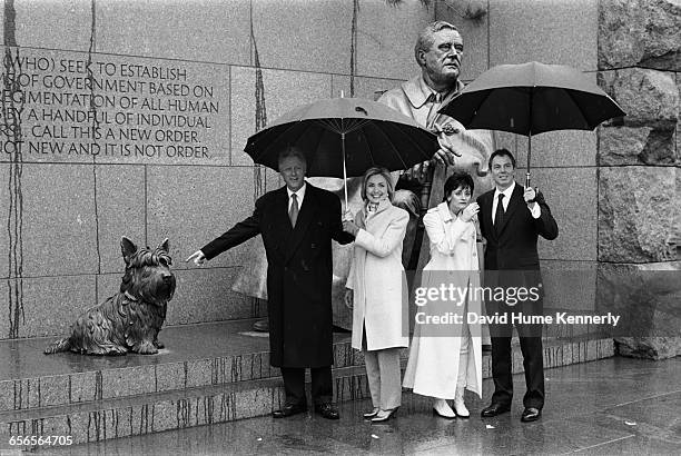 President Bill Clinton, First Lady Hillary Clinton, Cherie Blair and British Prime Minister Tony Blair at the FDR memorial on February 6, 1998.