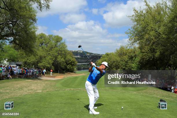 Hideto Tanihara of Japan tees off on the 12th hole of his match during round one of the World Golf Championships-Dell Technologies Match Play at the...