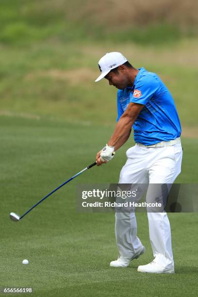 Hideto Tanihara of Japan plays a shot on the 15th hole of his match during round one of the World Golf Championships-Dell Technologies Match Play at...