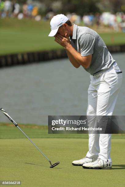 Jordan Spieth reacts after missing a putt on 13th hole of his match during round one of the World Golf Championships-Dell Technologies Match Play at...