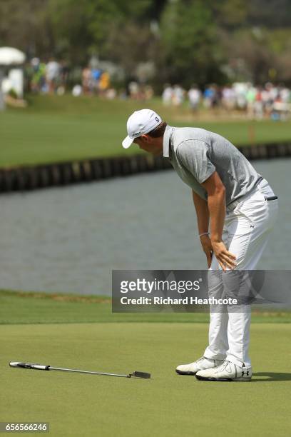Jordan Spieth reacts after missing a putt on 13th hole of his match during round one of the World Golf Championships-Dell Technologies Match Play at...