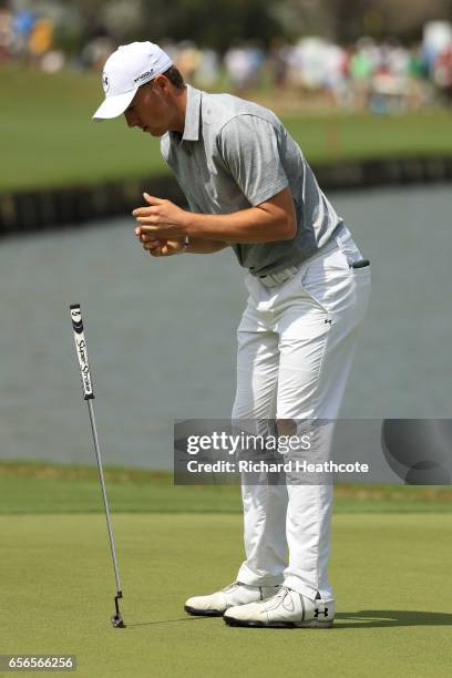 Jordan Spieth reacts after missing a putt on 13th hole of his match during round one of the World Golf Championships-Dell Technologies Match Play at...