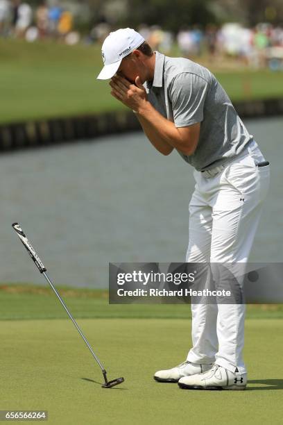 Jordan Spieth reacts after missing a putt on 13th hole of his match during round one of the World Golf Championships-Dell Technologies Match Play at...