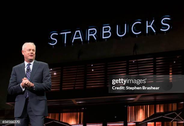 President and Chief Operating Officer Kevin Johnson speaks during the Starbucks annual meeting of shareholders on March 22, 2017 in Seattle,...