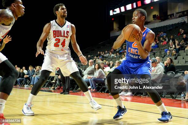 Doron Lamb of the Westchester Knicks control the ball against the Windy City Bulls on March 21, 2017 at the Sears Centre Arena in Hoffman Estates,...