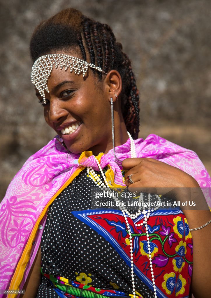 Portrait of a smiling Borana tribe woman during the Gada system ceremony in Borana tribe, Oromia, Yabelo, Ethiopia...