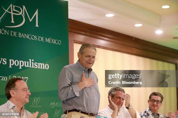 Luis Robles Miaja, chairman of BBVA Bancomer SA and president of the Mexican Banking Association , second left, speaks as Alberto Gomez Alcala,...