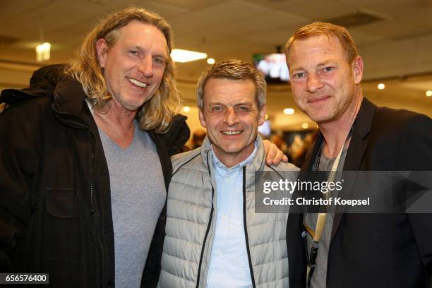 Michael Schulz, Matthias Herget and Joerg Albertz pose during the Club of Former National Players Meeting at Signal Iduna Park on March 22, 2017 in...