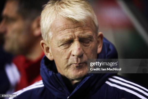 Scotland manager Gordon Strachan is seen with his eyes closed during the International Challenge Match between Scotland and Canada at Easter Road on...