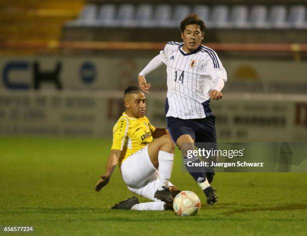 Akito Takagi of Japan fights for the ball during a friendly soccer match between F91 Diddeleng and the Japan U20 team at Stade Jos Nosbaum on March...