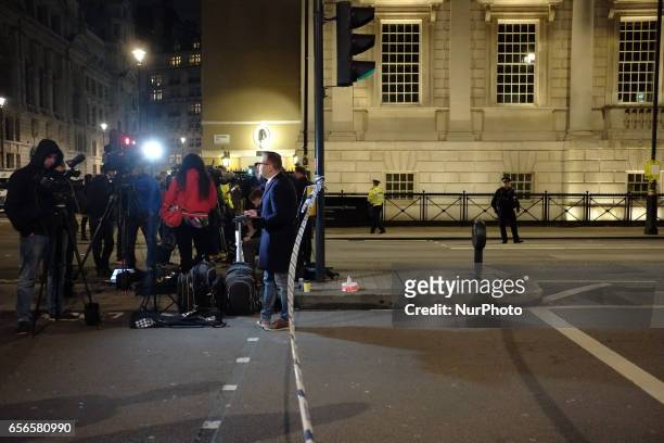 Members of the press following a terrorist attack outside the Houses of Parliament on March 22, 2017 in London, England. Four people including a...