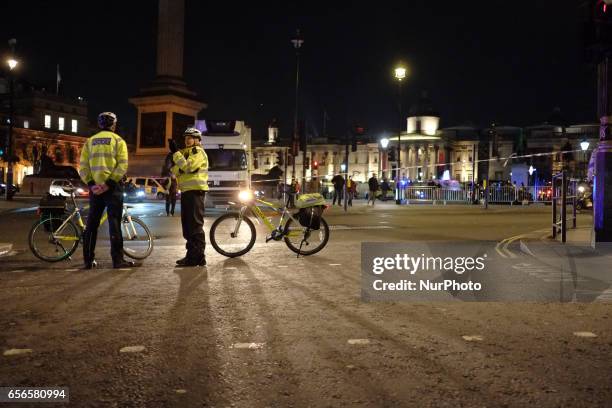 Police officers seen around Westminster after a terrorist attack in London on March 22, 2017. Four people including a police officer and his attacker...