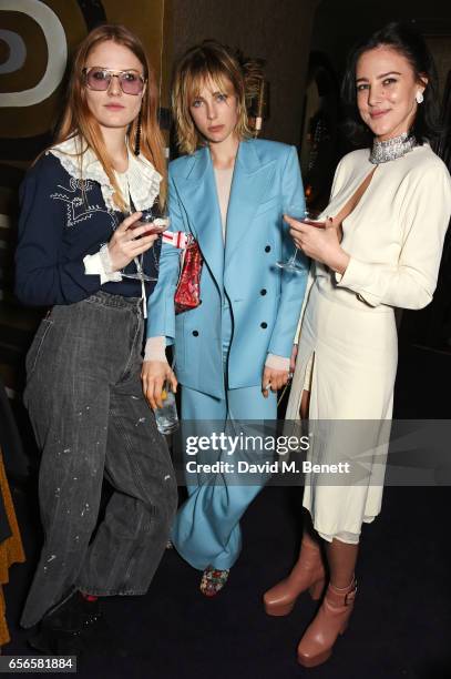 Christabel MacGreevy, Edie Campbell and Eliza Cummings attend the Edie Campbell and Kurt Geiger Flash dinner at Loulou's on March 22, 2017 in London,...