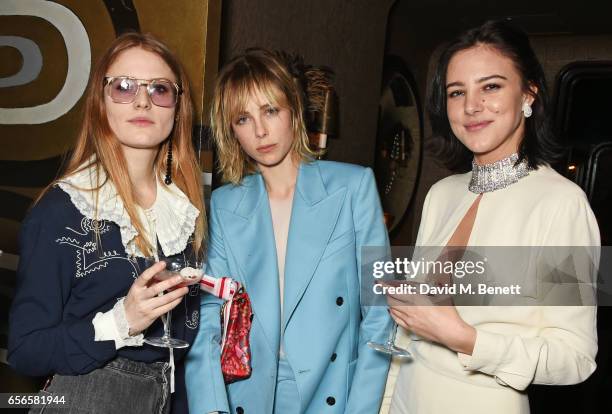 Christabel MacGreevy, Edie Campbell and Eliza Cummings attend the Edie Campbell and Kurt Geiger Flash dinner at Loulou's on March 22, 2017 in London,...