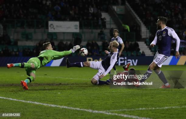 Steven Naismith of Scotland shoots at goal during the International Challenge Match between Scotland and Canada at Easter Road on March 22, 2017 in...