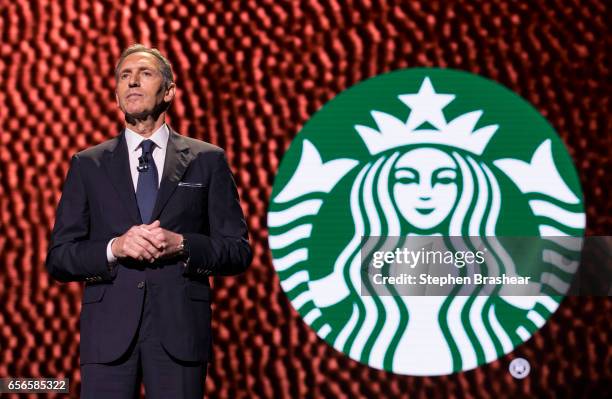 Howard Schultz pauses while speaking during the Starbucks annual meeting of shareholders on March 22, 2017 in Seattle, Washington. The 25th annual...