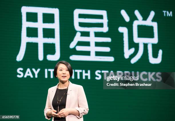 Starbucks China Vice President of Digital Ventures Molly Liu speaks during the company's annual meeting of shareholders on March 22, 2017 in Seattle,...