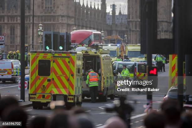 Scenes on Westminster Bridge after four people were killed and 20 injured during a terrorist attack on Westminster Bridge and outside the Houses of...