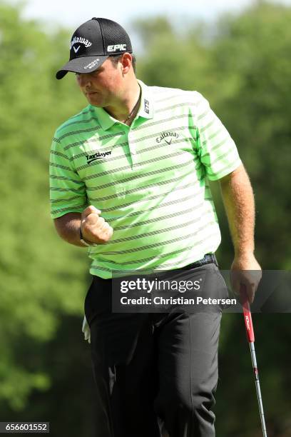 Patrick Reed reacts after putting on the 18th hole of his match during round one of the World Golf Championships-Dell Technologies Match Play at the...