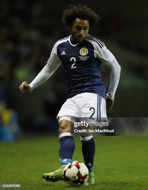 Ikechi Anya of Scotland controls the ball during the International Challenge Match between Scotland and Canada at Easter Road on March 22, 2017 in...