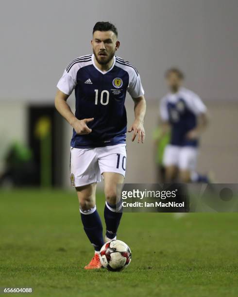 Robert Snodgrass of Scotland controls the ball during the International Challenge Match between Scotland and Canada at Easter Road on March 22, 2017...