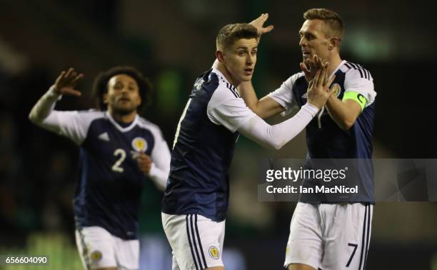 Tom Cairney and Darren Fletcher of Scotland celebrates scotlands' only goal during the International Challenge Match between Scotland and Canada at...