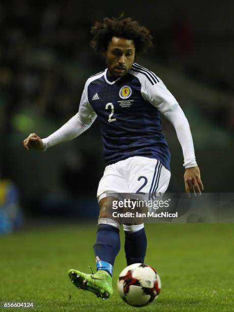 Ikechi Anya of Scotland controls the ball during the International Challenge Match between Scotland and Canada at Easter Road on March 22, 2017 in...