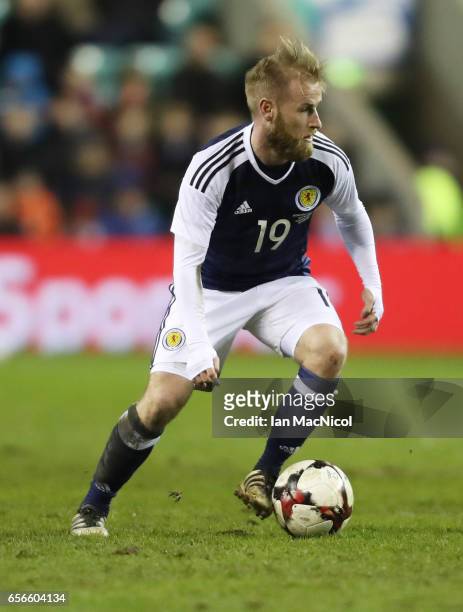 Barry Bannan of Scotland controls the ball during the International Challenge Match between Scotland and Canada at Easter Road on March 22, 2017 in...