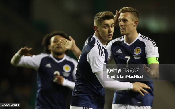 Tom Cairney and Darren Fletcher of Scotland celebrates scotlands' only goal during the International Challenge Match between Scotland and Canada at...