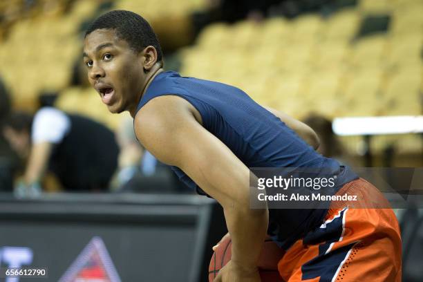 Malcolm Hill of the Illinois Fighting Illini warms up prior to the 2017 NIT Championship quarterfinal game between Illinois Fighting Illini and the...