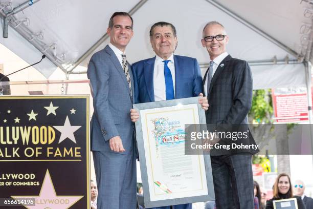 Mayor Eric Garetti, Haim Saban and Council member Mitch O'Farrell attend the ceremony as Haim Saban is honored with a star on The Hollywood Walk of...