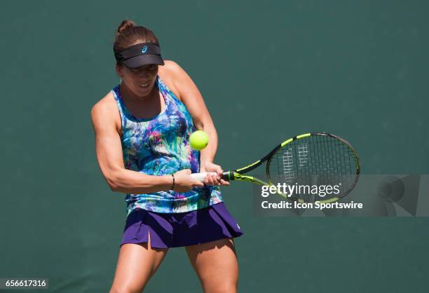 Irina Falconi in action during the second day of the qualifying round of the 2017 Miami Open on March 21 at Tennis Center at Crandon Park in Key...