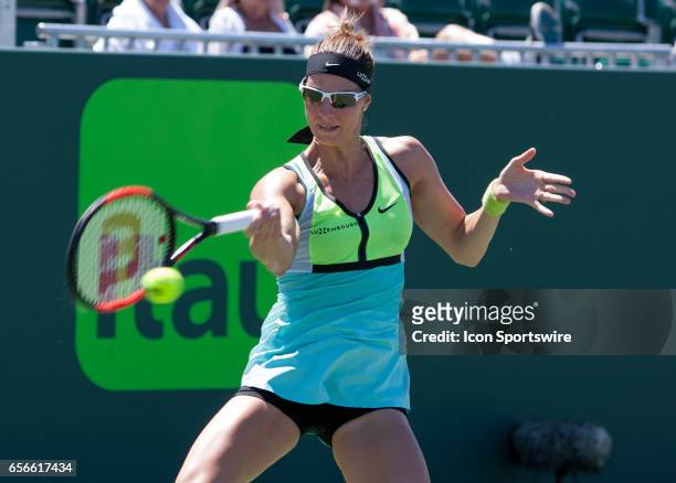 Mandy Minella in action during the first round of the 2017 Miami Open on March 21 at Tennis Center at Crandon Park in Key Biscayne, FL.