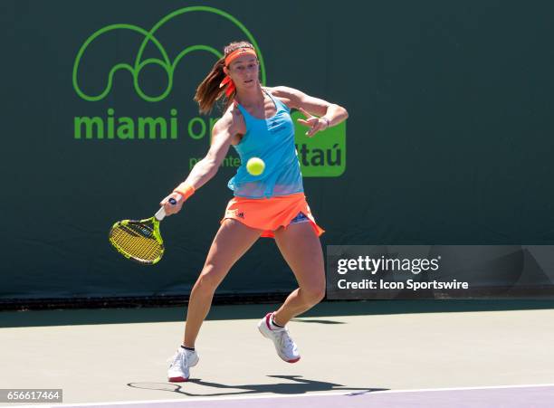 Mariana Duque-Marino in action during the second day of the qualifying round of the 2017 Miami Open on March 21 at Tennis Center at Crandon Park in...