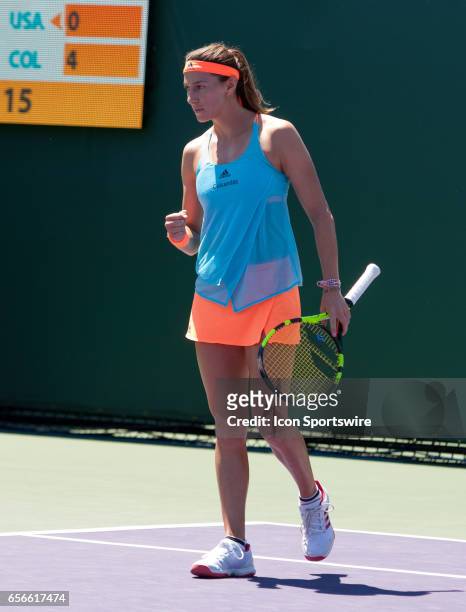 Mariana Duque-Marino in action during the second day of the qualifying round of the 2017 Miami Open on March 21 at Tennis Center at Crandon Park in...