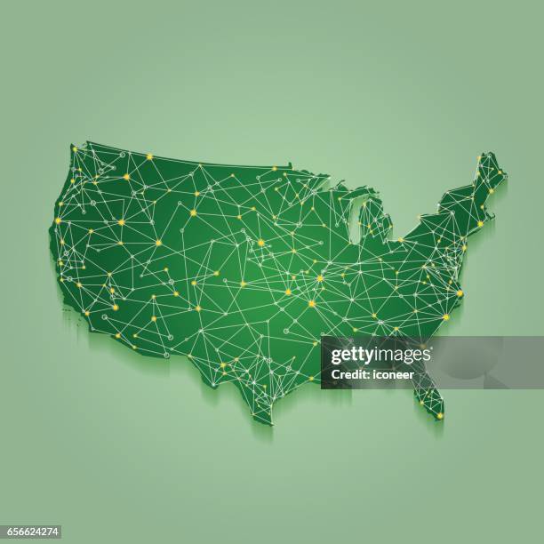 stockillustraties, clipart, cartoons en iconen met kaart van het netwerk van de v.s. op groene achtergrond met kleurovergang - monochrom