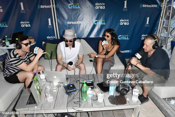 Justin Blau from 3LAU and Cedric Gervais are interviewed by SiriusXM hosts Danny V and Rita Nasser at SiriusXM Music Lounge at 1 Hotel South Beach on...