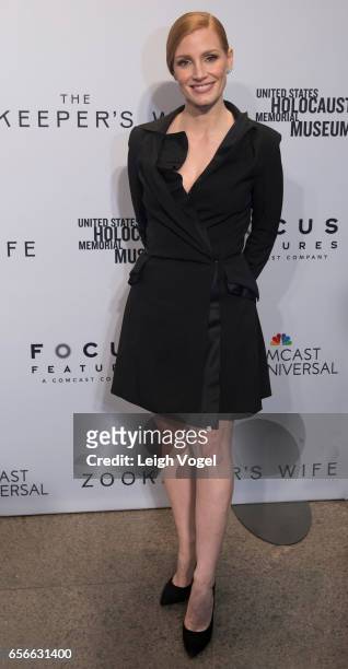 Jessica Chastain arrives at "The Zookeeper's Wife" Washington, DC Screening at United States Holocaust Memorial Museum on March 22, 2017 in...